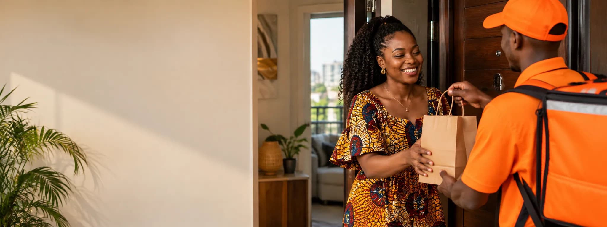 An EAT & DRINK courier hands an order to a customer at her door