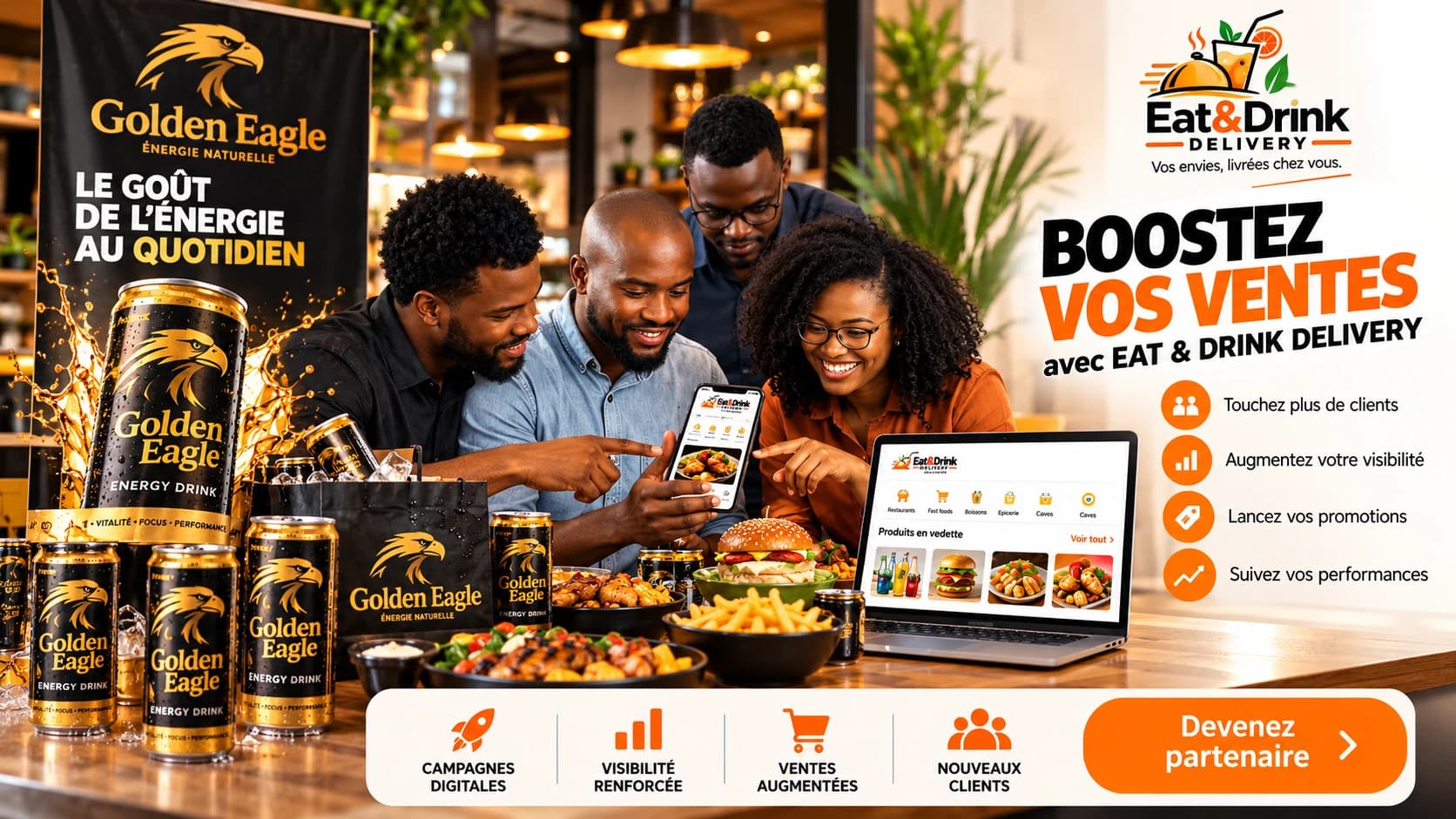 “Boost your sales with EAT & DRINK DELIVERY”: a drinks brand shown to customers over a meal, digital campaigns, stronger visibility, more sales, new customers