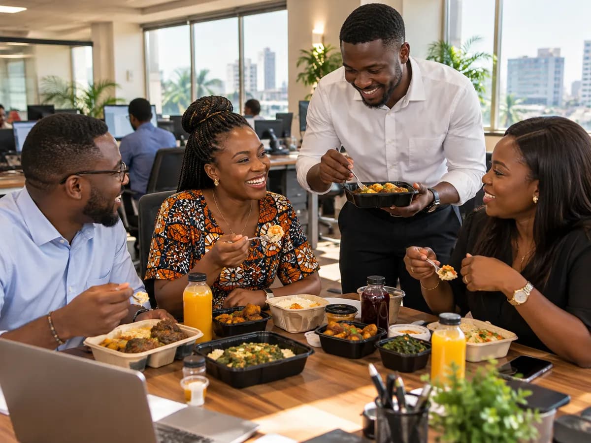 A team sharing a delivered lunch at the office