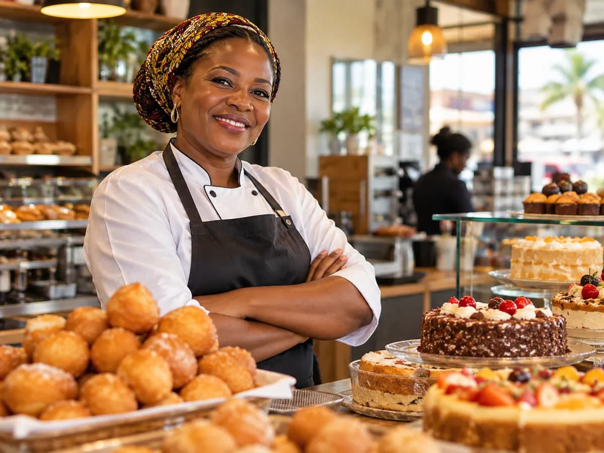 Une boulangère souriante entourée de ses pâtisseries