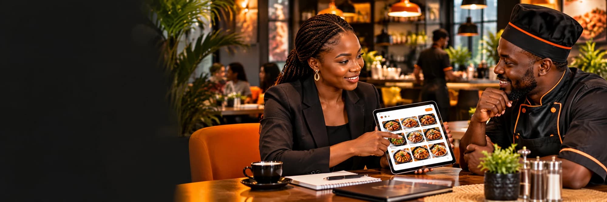 Une partenaire commerciale présente l'application EAT & DRINK sur tablette à un chef