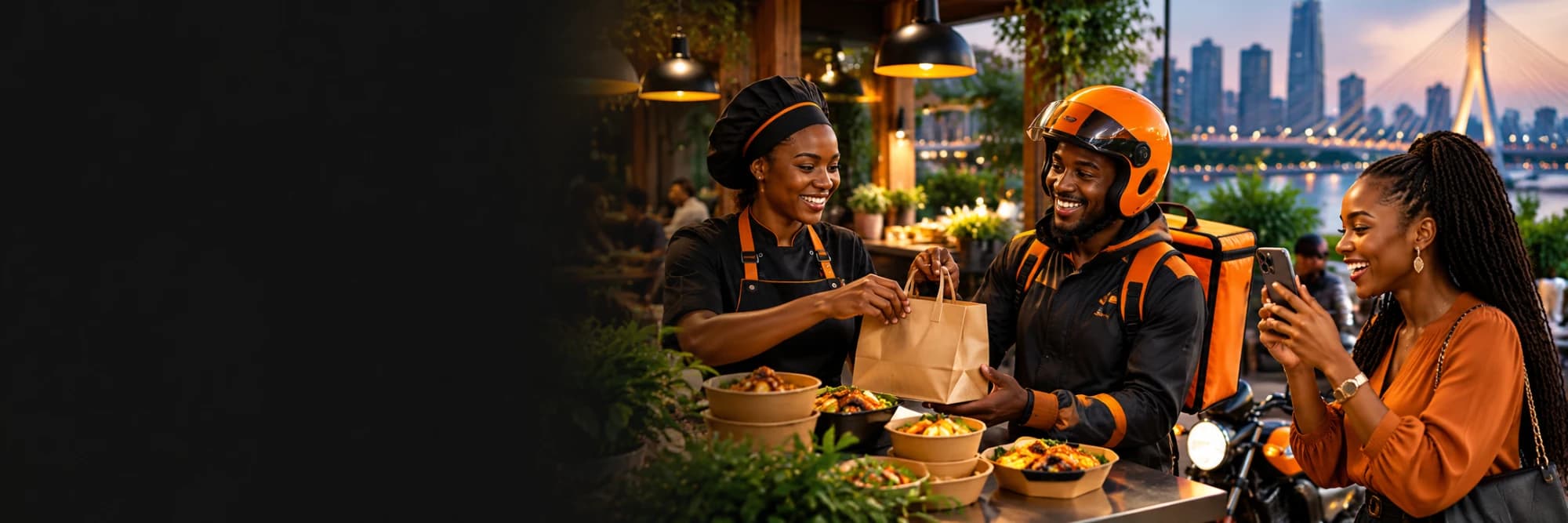 Une cuisinière remet une commande à un livreur EAT & DRINK pendant qu'une cliente suit sa livraison sur son téléphone